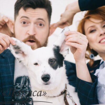 Забавная фотосессия чудесной пары и их любимца под названием «Двое в лодке, не считая собаки»